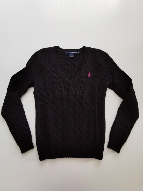 Ralph Lauren Sweaters - Ralph Lauren Sport 100% Cotton Black Cable-Knit V-Neck Sweater Pink Pony Logo